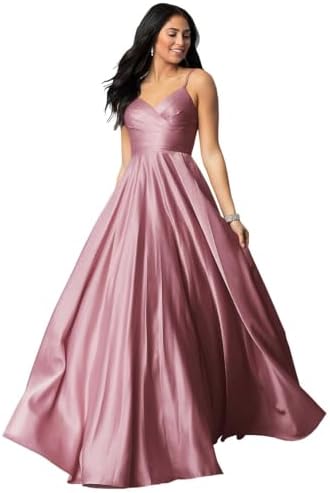 Fu Jiang Satin Prom Dresses with Spaghetti Straps for Women - Long Formal Evening Gowns with Pockets, Pleated Design, OE