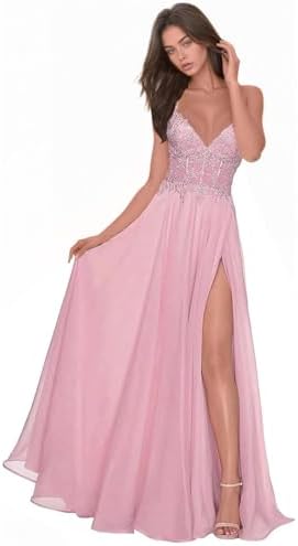 Chiffon Prom Dress for Women with Lace Appliques | Elegant Spaghetti Strap Ball Gown with Slit | Perfect for Formal Even