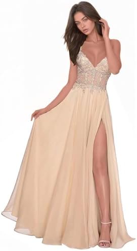 Chiffon Prom Dress for Women with Lace Appliques | Elegant Spaghetti Strap Ball Gown with Slit | Perfect for Formal Even