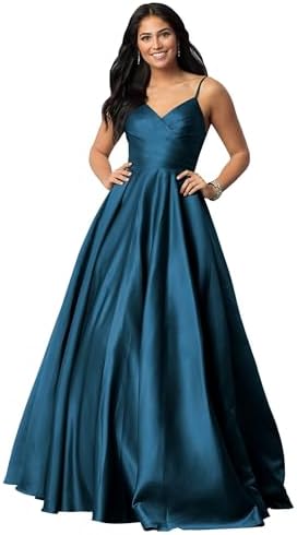 Fu Jiang Satin Prom Dresses with Spaghetti Straps for Women - Long Formal Evening Gowns with Pockets, Pleated Design, OE