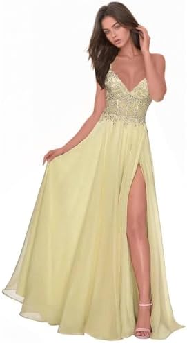 Chiffon Prom Dress for Women with Lace Appliques | Elegant Spaghetti Strap Ball Gown with Slit | Perfect for Formal Even