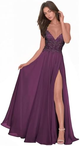 Chiffon Prom Dress for Women with Lace Appliques | Elegant Spaghetti Strap Ball Gown with Slit | Perfect for Formal Even