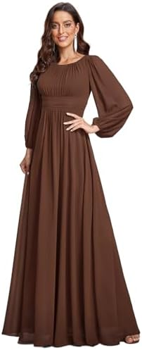 Ever-Pretty Women's A-Line Pleated Chiffon Formal Dress - Long Lantern Sleeves - Elegant Floor Length Evening Gown - Per