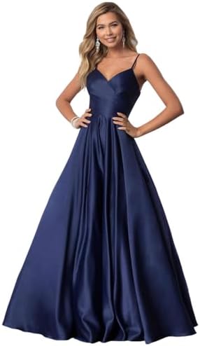 Fu Jiang Satin Prom Dresses with Spaghetti Straps for Women - Long Formal Evening Gowns with Pockets, Pleated Design, OE