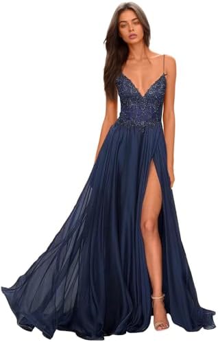 Chiffon Prom Dress for Women with Lace Appliques | Elegant Spaghetti Strap Ball Gown with Slit | Perfect for Formal Even