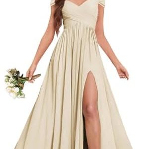 Fu Jiang Off The Shoulder Bridesmaid Dresses with Slit - Champagne Chiffon Long Ruched Formal Dress for Weddings - Size