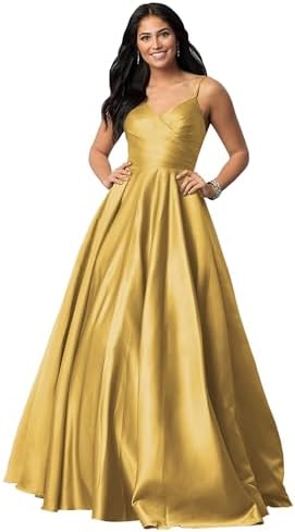 Fu Jiang Satin Prom Dresses with Spaghetti Straps for Women - Long Formal Evening Gowns with Pockets, Pleated Design, OE