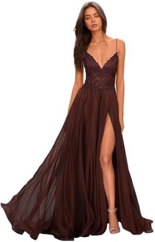 Chiffon Prom Dress for Women with Lace Appliques | Elegant Spaghetti Strap Ball Gown with Slit | Perfect for Formal Even