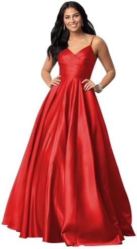 Fu Jiang Satin Prom Dresses with Spaghetti Straps for Women - Long Formal Evening Gowns with Pockets, Pleated Design, OE