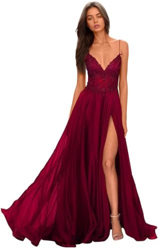 Chiffon Prom Dress for Women with Lace Appliques | Elegant Spaghetti Strap Ball Gown with Slit | Perfect for Formal Even