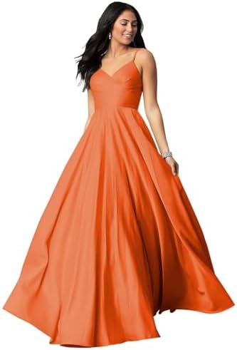 Fu Jiang Satin Prom Dresses with Spaghetti Straps for Women - Long Formal Evening Gowns with Pockets, Pleated Design, OE