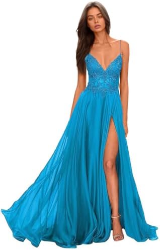 Chiffon Prom Dress for Women with Lace Appliques | Elegant Spaghetti Strap Ball Gown with Slit | Perfect for Formal Even