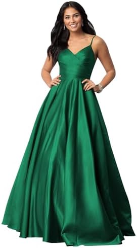 Fu Jiang Satin Prom Dresses with Spaghetti Straps for Women - Long Formal Evening Gowns with Pockets, Pleated Design, OE