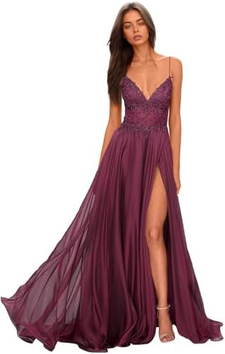 Chiffon Prom Dress for Women with Lace Appliques | Elegant Spaghetti Strap Ball Gown with Slit | Perfect for Formal Even