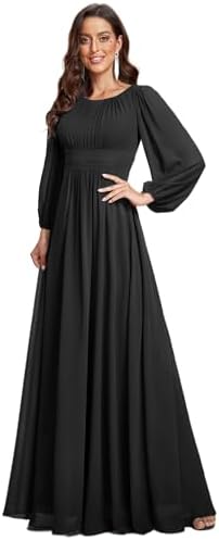 Ever-Pretty Women's A-Line Pleated Chiffon Formal Dress - Long Lantern Sleeves - Elegant Floor Length Evening Gown - Per