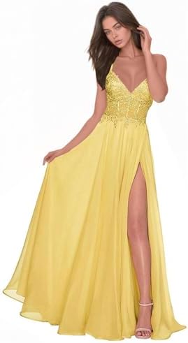 Chiffon Prom Dress for Women with Lace Appliques | Elegant Spaghetti Strap Ball Gown with Slit | Perfect for Formal Even