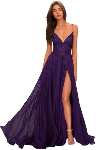 Chiffon Prom Dress for Women with Lace Appliques | Elegant Spaghetti Strap Ball Gown with Slit | Perfect for Formal Even