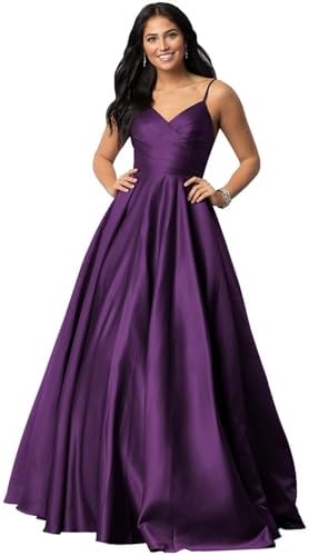 Fu Jiang Satin Prom Dresses with Spaghetti Straps for Women - Long Formal Evening Gowns with Pockets, Pleated Design, OE