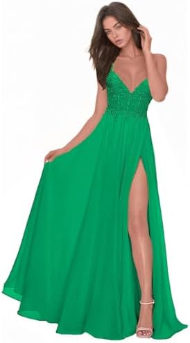 Chiffon Prom Dress for Women with Lace Appliques | Elegant Spaghetti Strap Ball Gown with Slit | Perfect for Formal Even