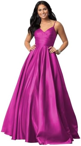 Fu Jiang Satin Prom Dresses with Spaghetti Straps for Women - Long Formal Evening Gowns with Pockets, Pleated Design, OE