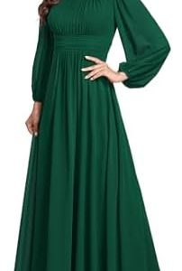 Ever-Pretty Women's A-Line Pleated Chiffon Formal Dress - Long Lantern Sleeves - Elegant Floor Length Evening Gown - Per