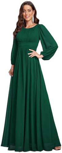 Ever-Pretty Women's A-Line Pleated Chiffon Formal Dress - Long Lantern Sleeves - Elegant Floor Length Evening Gown - Per
