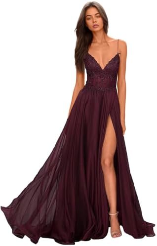 Chiffon Prom Dress for Women with Lace Appliques | Elegant Spaghetti Strap Ball Gown with Slit | Perfect for Formal Even