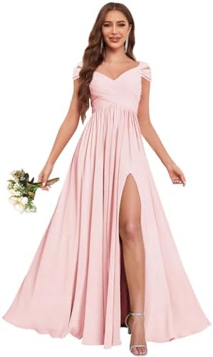 Fu Jiang Blush Pink Off The Shoulder Bridesmaid Dresses | Long Split Chiffon Formal Gowns | Size 8 | OEKO-TEX STANDARD 1