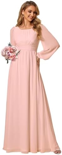 Ever-Pretty Women's A-Line Pleated Chiffon Formal Dress - Long Lantern Sleeves - Elegant Floor Length Evening Gown - Per