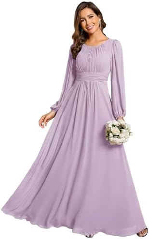Ever-Pretty Women's A-Line Pleated Chiffon Formal Dress - Long Lantern Sleeves - Elegant Floor Length Evening Gown - Per