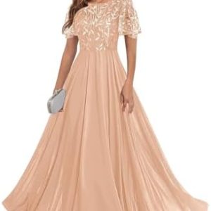 Fu Jiang Short Sleeve Sequin Mother of the Bride Dress - Chiffon A-Line Pleated Evening Gown with Pockets - Elegant Form