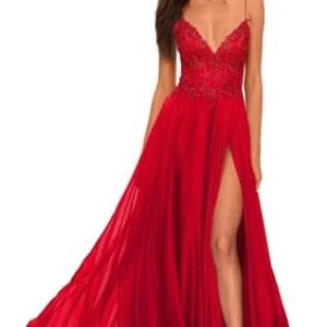 Chiffon Prom Dress for Women with Lace Appliques | Elegant Spaghetti Strap Ball Gown with Slit | Perfect for Formal Even