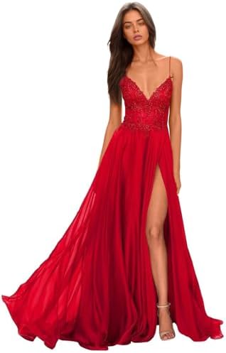Chiffon Prom Dress for Women with Lace Appliques | Elegant Spaghetti Strap Ball Gown with Slit | Perfect for Formal Even