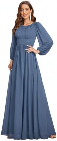 Ever-Pretty Women's A-Line Pleated Chiffon Formal Dress - Long Lantern Sleeves - Elegant Floor Length Evening Gown - Per