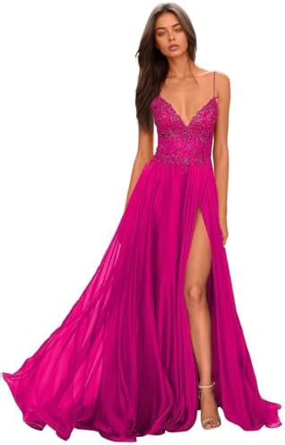 Chiffon Prom Dress for Women with Lace Appliques | Elegant Spaghetti Strap Ball Gown with Slit | Perfect for Formal Even