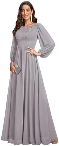 Ever-Pretty Women's A-Line Pleated Chiffon Formal Dress - Long Lantern Sleeves - Elegant Floor Length Evening Gown - Per