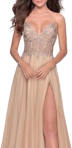Chiffon Prom Dress for Women with Lace Appliques | Elegant Spaghetti Strap Ball Gown with Slit | Perfect for Formal Even