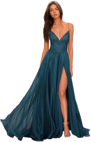 Chiffon Prom Dress for Women with Lace Appliques | Elegant Spaghetti Strap Ball Gown with Slit | Perfect for Formal Even