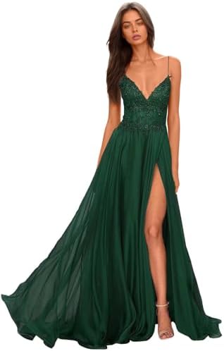 Chiffon Prom Dress for Women with Lace Appliques | Elegant Spaghetti Strap Ball Gown with Slit | Perfect for Formal Even