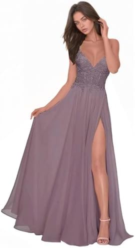 Chiffon Prom Dress for Women with Lace Appliques | Elegant Spaghetti Strap Ball Gown with Slit | Perfect for Formal Even