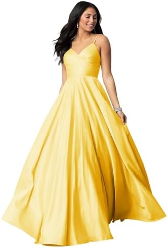 Fu Jiang Satin Prom Dresses with Spaghetti Straps for Women - Long Formal Evening Gowns with Pockets, Pleated Design, OE