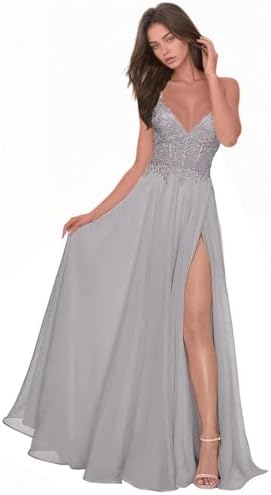 Chiffon Prom Dress for Women with Lace Appliques | Elegant Spaghetti Strap Ball Gown with Slit | Perfect for Formal Even