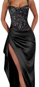 Fu Jiang Sparkly Sequin Prom Dresses for Women | Satin Mermaid Formal Ball Gown with Slit & Spaghetti Straps | Elegant E