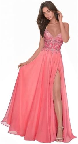 Chiffon Prom Dress for Women with Lace Appliques | Elegant Spaghetti Strap Ball Gown with Slit | Perfect for Formal Even