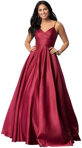 Fu Jiang Satin Prom Dresses with Spaghetti Straps for Women - Long Formal Evening Gowns with Pockets, Pleated Design, OE