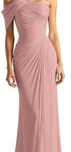 RYANTH One Shoulder Chiffon Bridesmaid Dresses for Women | Mermaid Long Prom Dress | Elegant Pleated Bodycon Formal Even