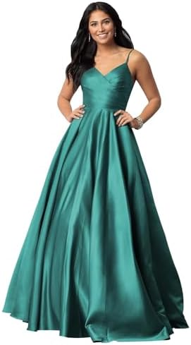 Fu Jiang Satin Prom Dresses with Spaghetti Straps for Women - Long Formal Evening Gowns with Pockets, Pleated Design, OE