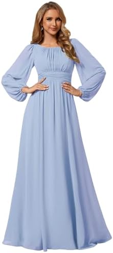 Ever-Pretty Women's A-Line Pleated Chiffon Formal Dress - Long Lantern Sleeves - Elegant Floor Length Evening Gown - Per