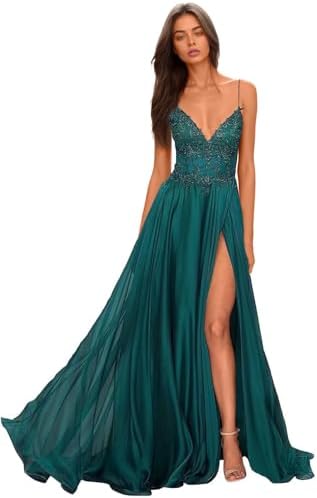 Chiffon Prom Dress for Women with Lace Appliques | Elegant Spaghetti Strap Ball Gown with Slit | Perfect for Formal Even