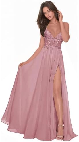 Chiffon Prom Dress for Women with Lace Appliques | Elegant Spaghetti Strap Ball Gown with Slit | Perfect for Formal Even